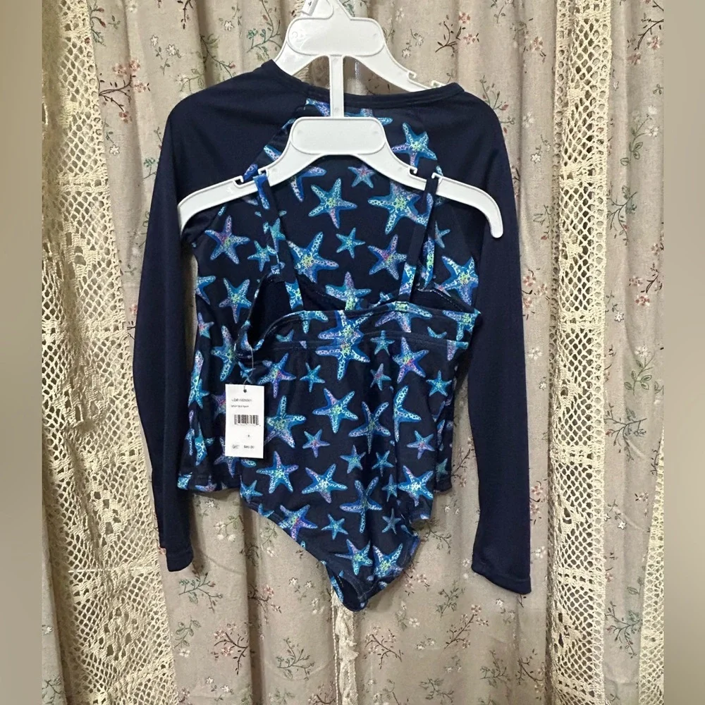 Lands’ End One Piece Deep Sea Navy Swimsuit (4) & Rash Guard‎ (5) New